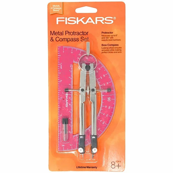 PURELY- Fiskars Metal Bow Compass & Protractor Set Easy Read Numbers