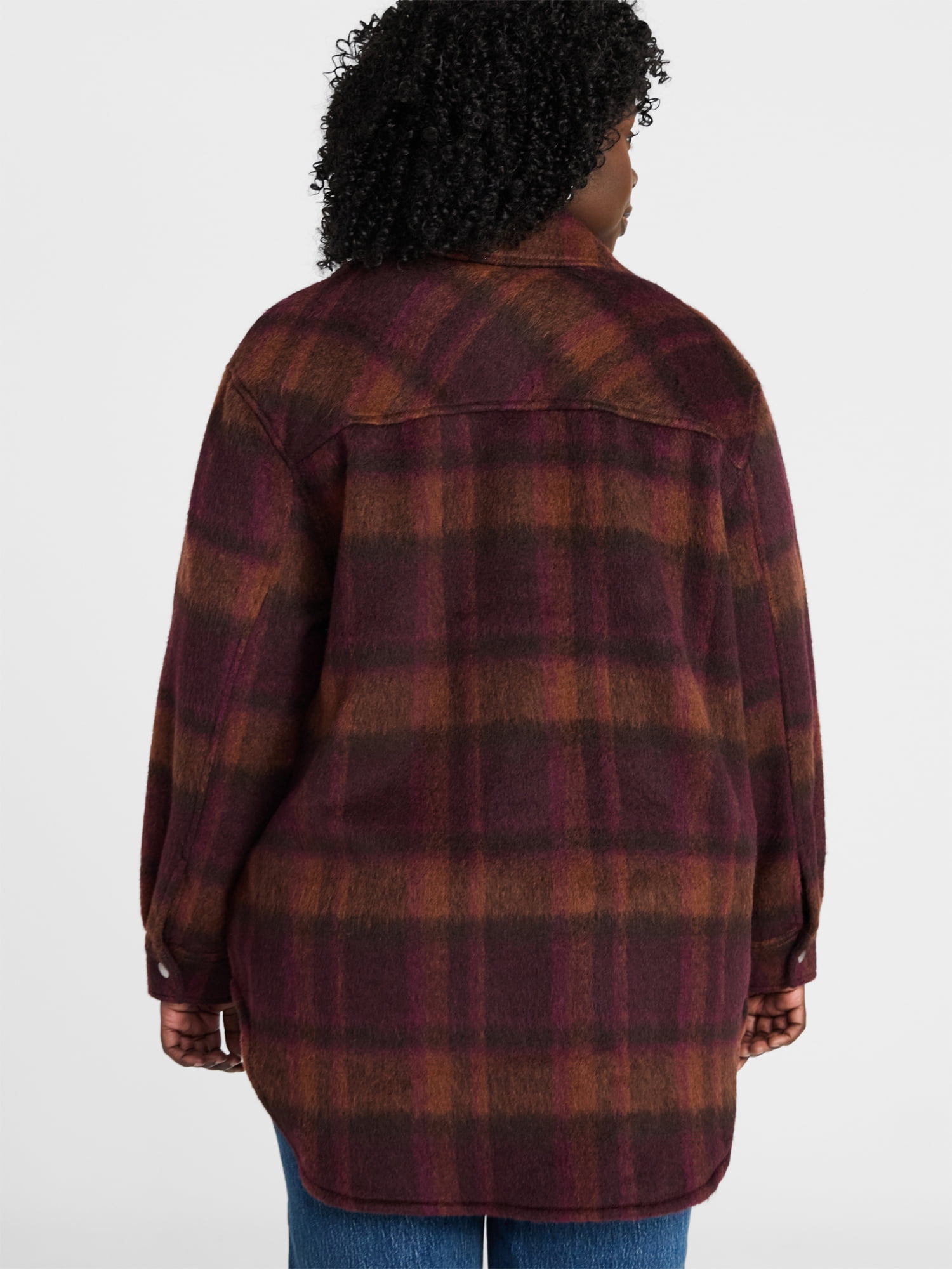 Terra & Sky Women's Plus Longline Brushed Plaid Shacket, Midweight, Sizes 0X-5X