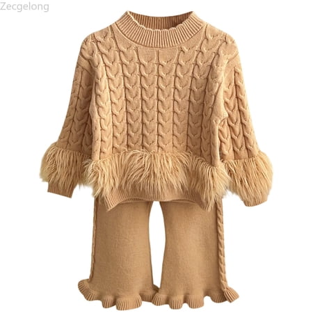 Zecgelong Girls Knit Sweater Outfit Set Winter Warm Long Sleeve Top Pants Two Piece Toddler Kids Clothes Soft Comfy Casual Formal Wear Girls 2 Piece Sets Age 4-5 Years