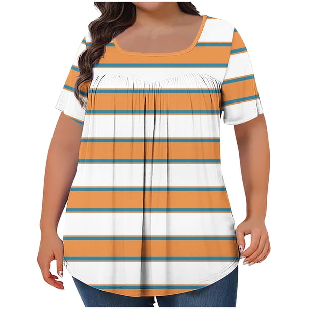 Tops Cortos para las Mujeres Impreso Cuello de Gran Tamaño Plisado Manga Corta Suelta Superior en Tamaños Más L-5xl