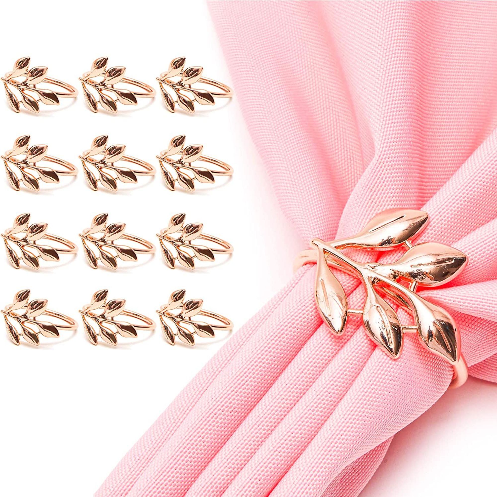 Set of 12 Metal Leaf Rose Gold Napkin Rings Holder for Dinner Table