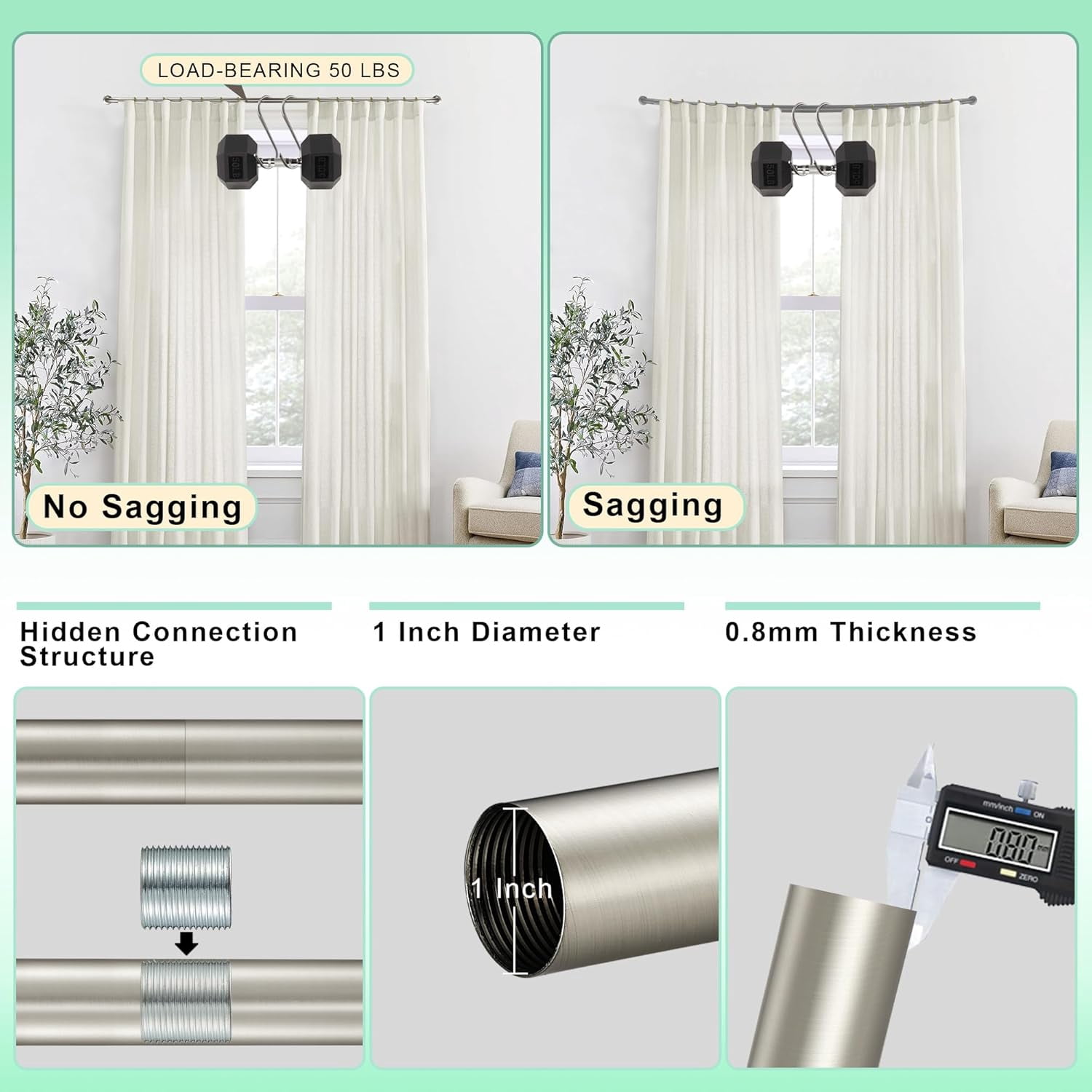 Warm Gold Curtain Rod for Windows 28 to 120 Inch, Internal Splicing 1 Inch Diameter Disc, Adjustable Room Darkening Curtain Rod with Aluminum Finials and Brackets, Wrap Around Design