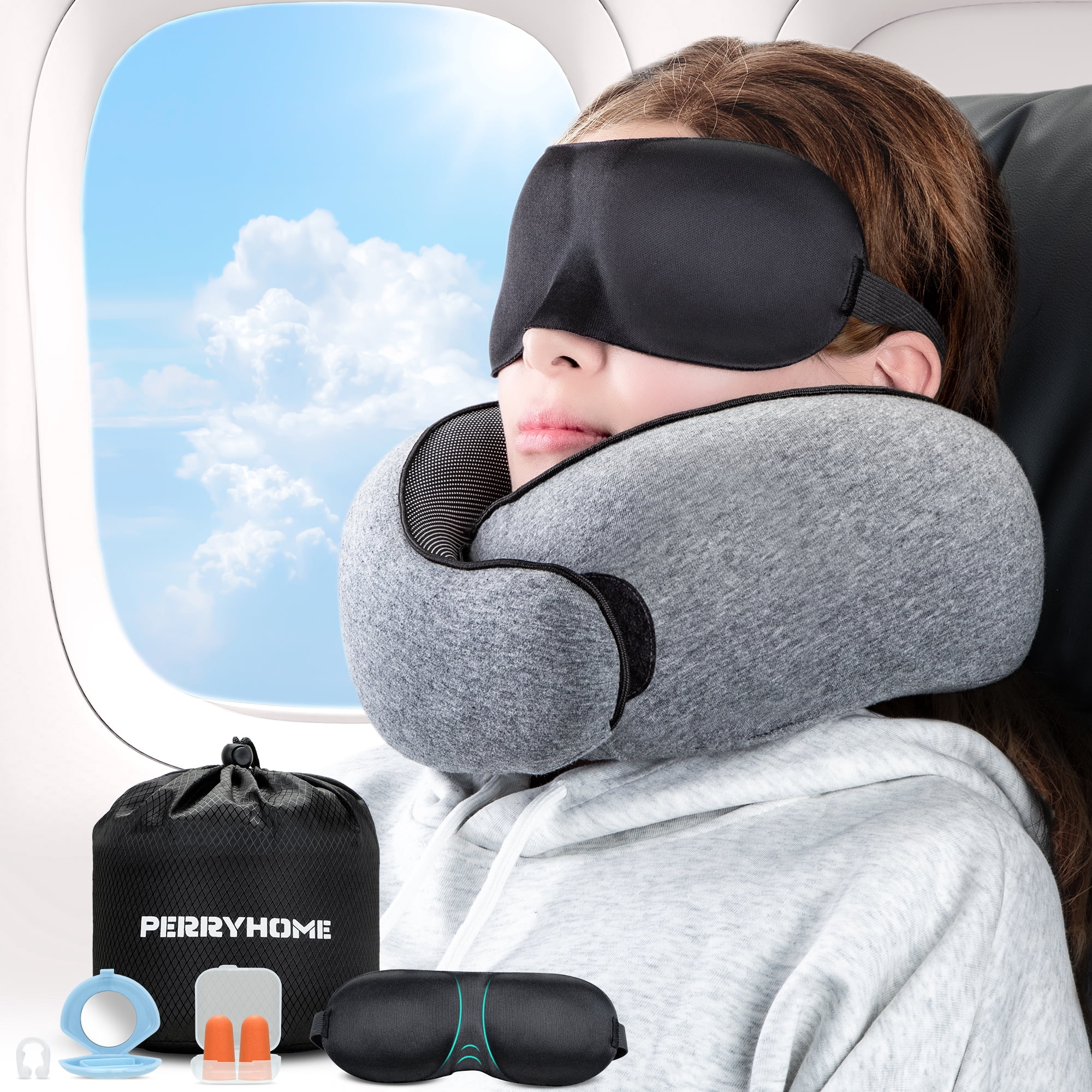 PERRYHOME Travel Pillows,2025 New Neck Pillow Airplane,Travel Neck Pillow Memory Foam Lightweight Pillows for Traveling for Sleeping on Airplanes,Offices and Cars(Gray)