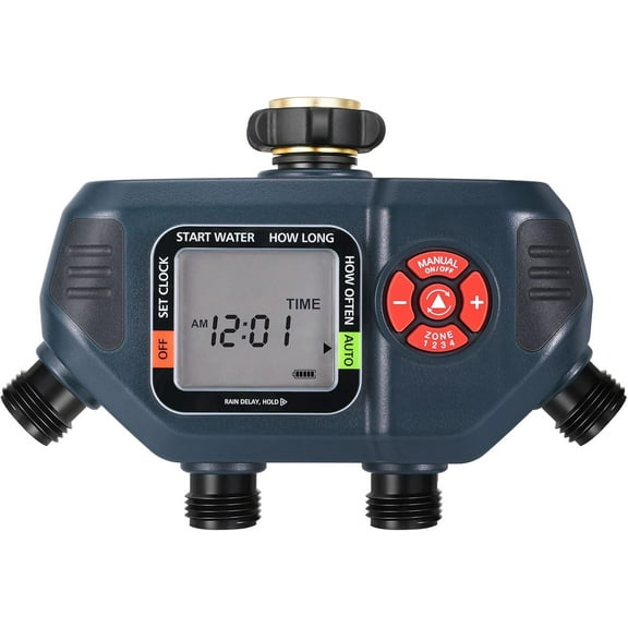 Sprinkler Timer 4 Zone, Water Timer for Garden Hose with Rain Delay/Manual/AUTO Irrigation, Programmable Outdoor Faucet Hose Timer for Yard, Lawn