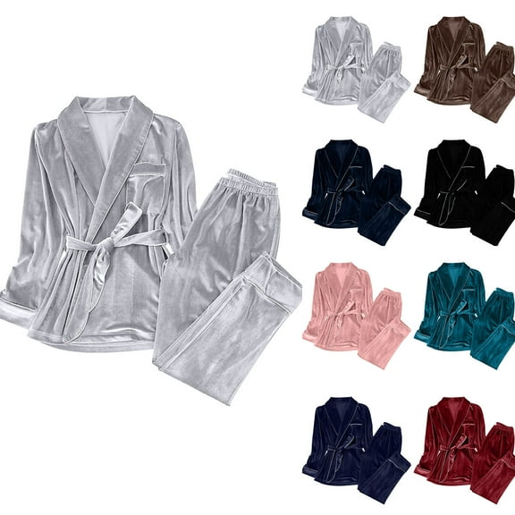 Miluxas Women's Velvet Pajamas Set 2 Piece Long Sleeve Lace up Robe Sleepwear Set Homewear with Pocket Pink 4(S)