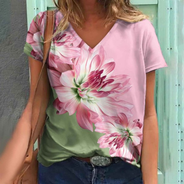 Fiudx Tops para Mujer Moda Mujer Causal V-Cuello Impresión Blusa Manga Corta Camiseta Verano Tops