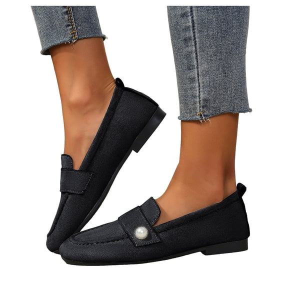 Rokment Womens Pearl Ballet Flat Boat Dress Shoes for Ladies Bride Wedding Spring Fall Trendy Casual Suede Low Heel Slip-On Penny Loafers Walking Shoes Black Size 6