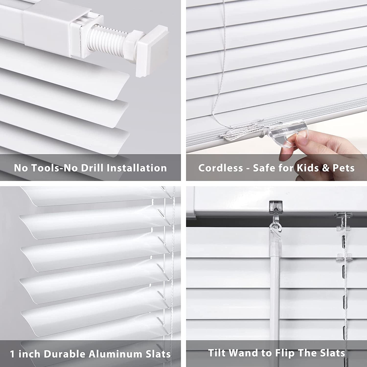 LazBlinds No Tools-No Drill 1" Aluminum Mini Blinds, Cordless Blinds for Windows, Light Filtering Horizontal Blinds and Shades for Window Size 37'' W x 48'' H, White