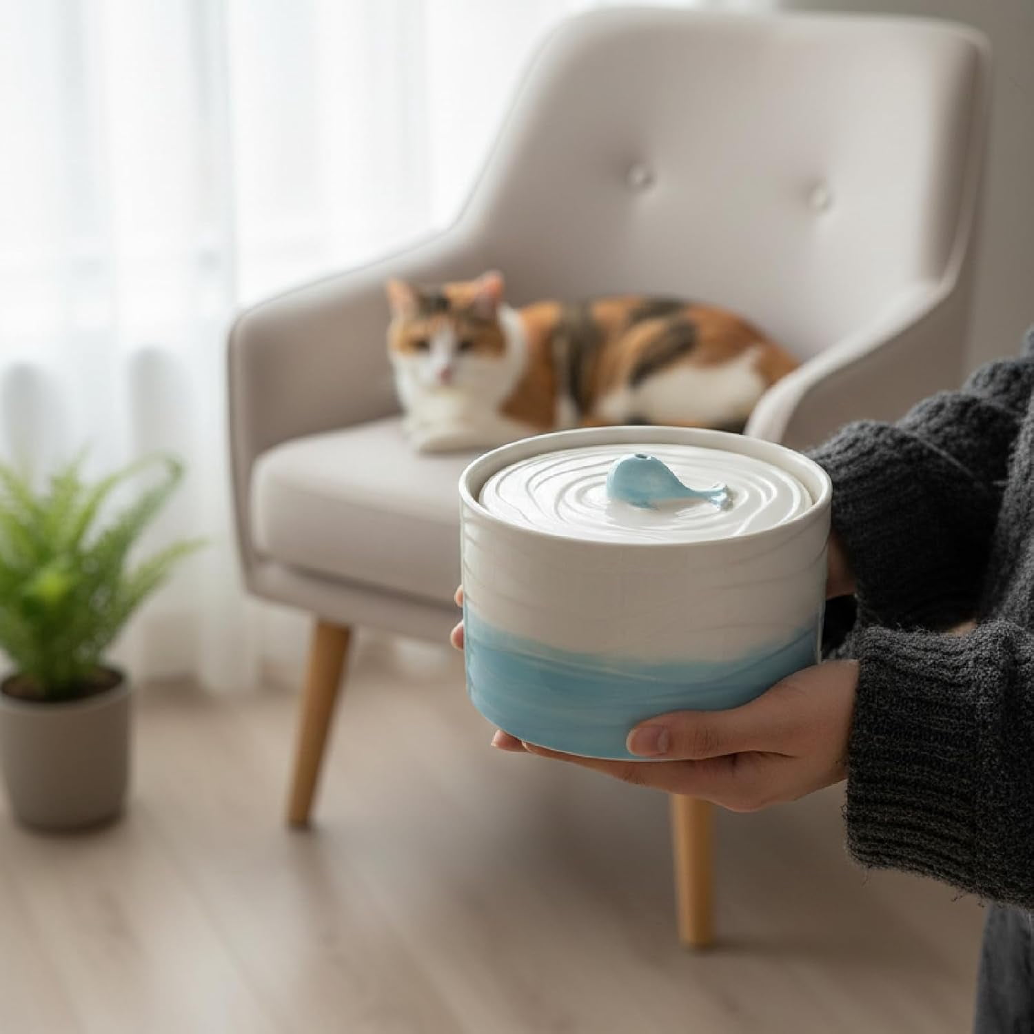 Ceramic Cat Water Fountain - Blue White Gradient 1300ml (45oz) Large Capacity Whale Design Pet Water Dispenser with Filter Automatic Circulation Quiet Pump for Cats and Small Dogs