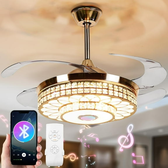 42 inch Ceiling Fan with Light and Remote Control 3 Lights Levels, Modern Crystal Retractable Chandelier Fans with Bluetooth Music Speaker for Living/Dining Room Bedroom