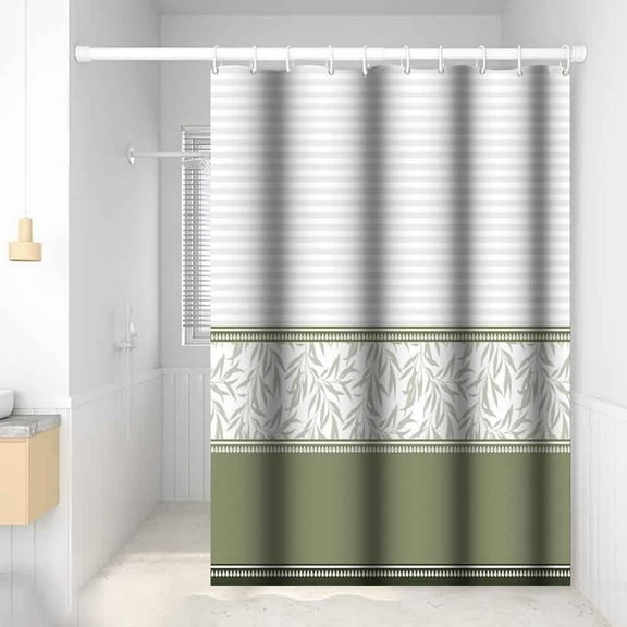 Boho Shower Curtain for Bathroom Sage Green Leaves Fabric Shower Curtains Stripe Lines Bathtub Decor 72x72inches Waterproof Shower Curtain Set with Hooks