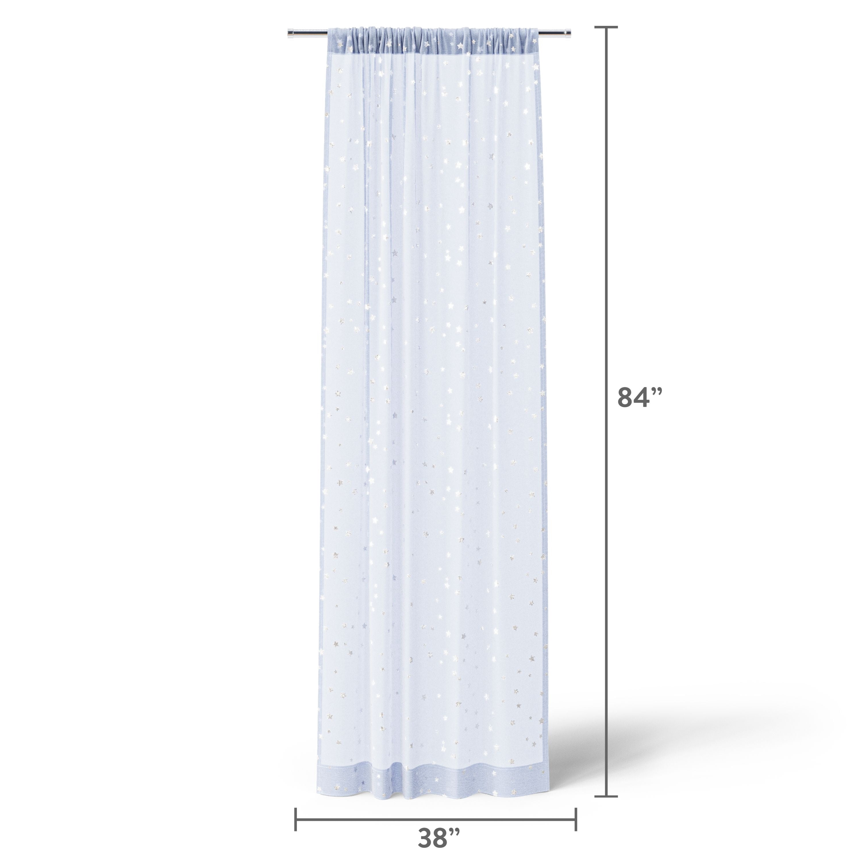 Mainstays Kids Metallic Star Printed Light Filtering Sheer Curtain Panel, Periwinkle, 38 x 84 in