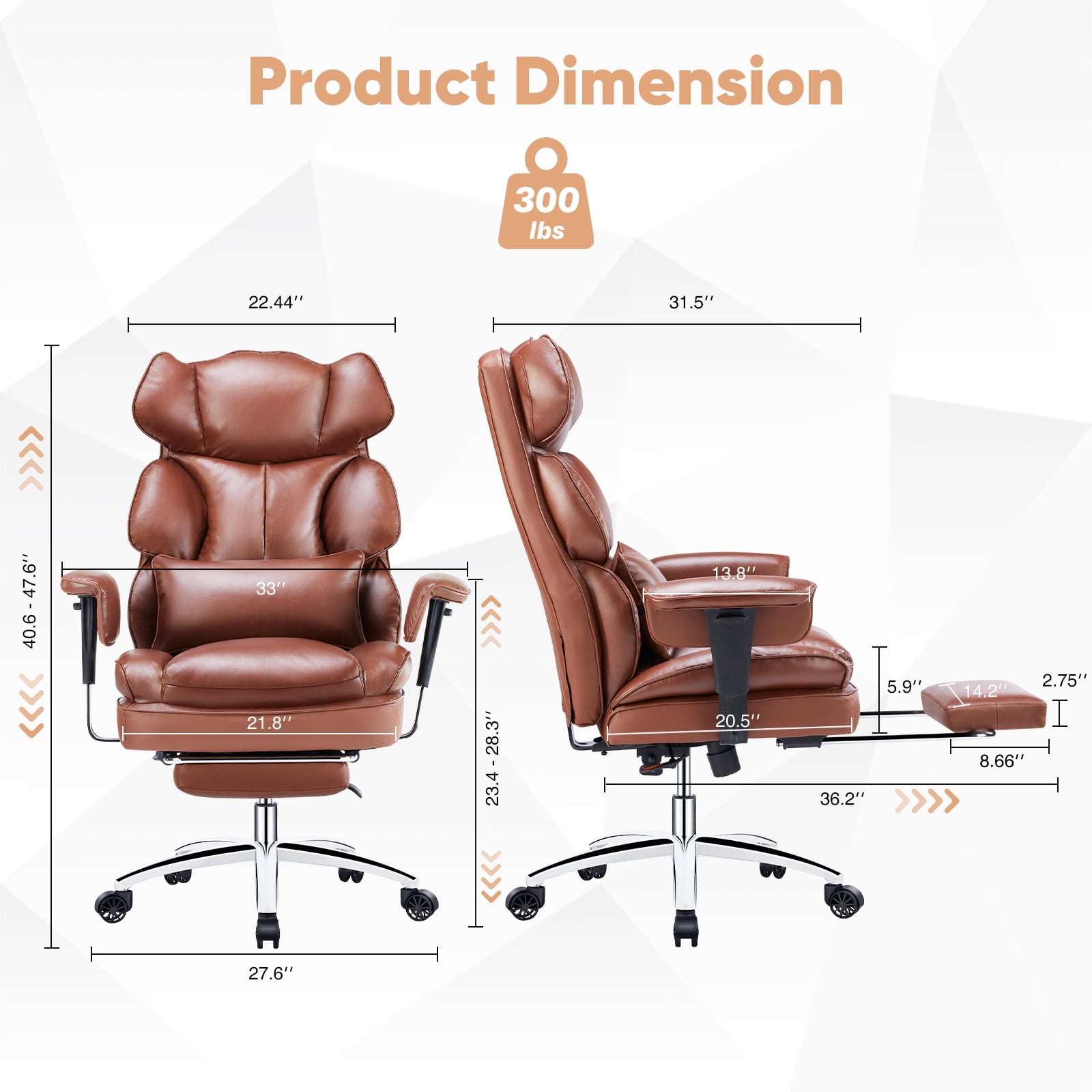 GIANNA Executive Home Office Desk Chair with Swivel Wheels, Footrest & Lumbar Support, Reclining Height Adjustable, Brown