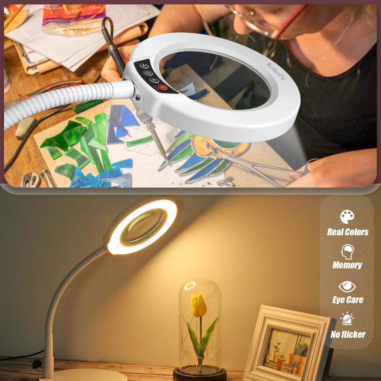 RunSenFo 4.4-inch Magnifying Glass with Light and Stand with Flexible Goose-Neck - White