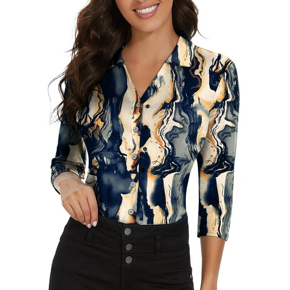 Women’s 3/4 Sleeve V-Neck Collared Polo Shirt Button Down Shirt Business Work Blouses