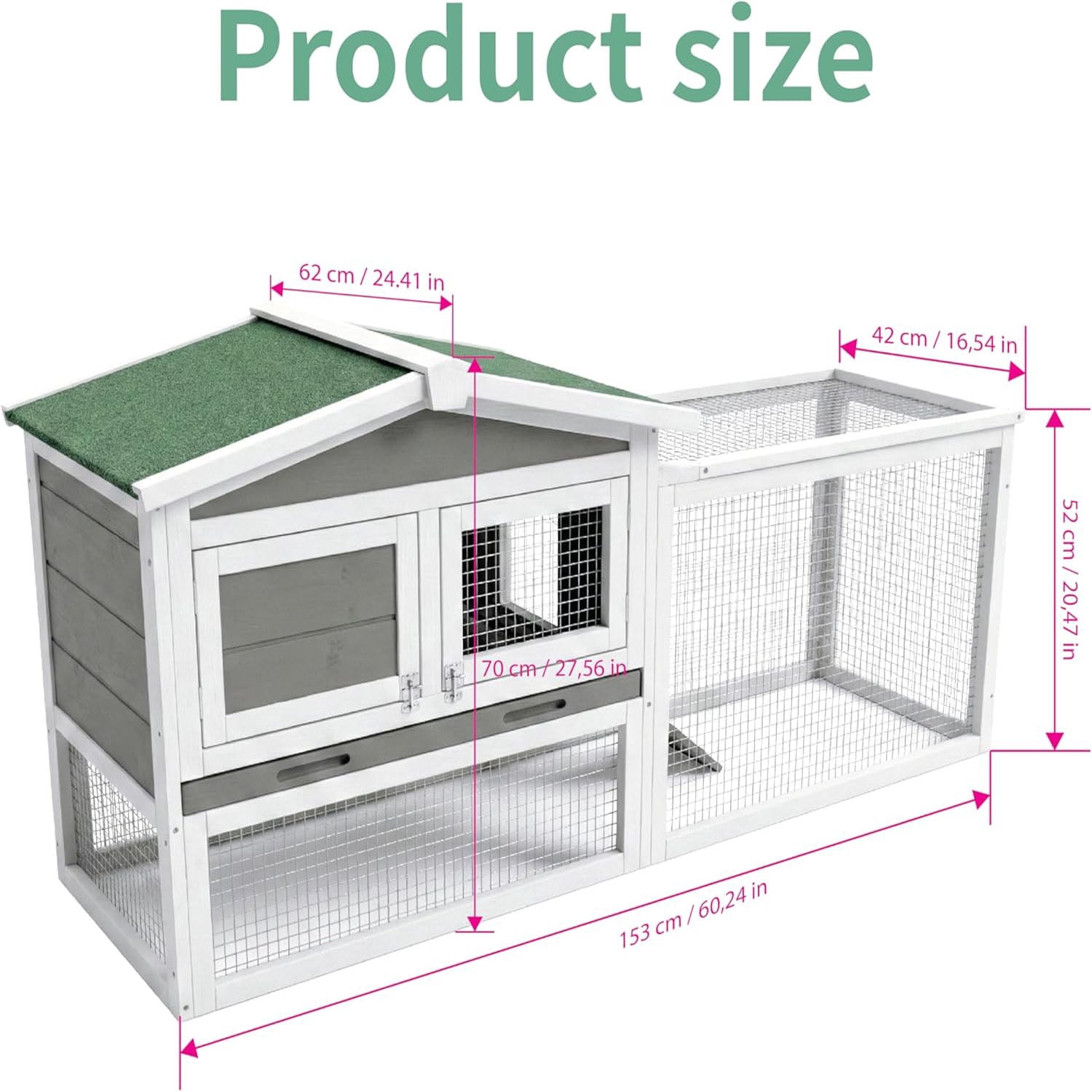 Gaderth Rabbit Hutch, 60in 2-Story Wooden Stable Bunny Cage Indoor/Outdoor with Removable Wire Netting and Weatherproof Leak Proof Tray Anti-Chew Metal Frame Ramp for Small Animals