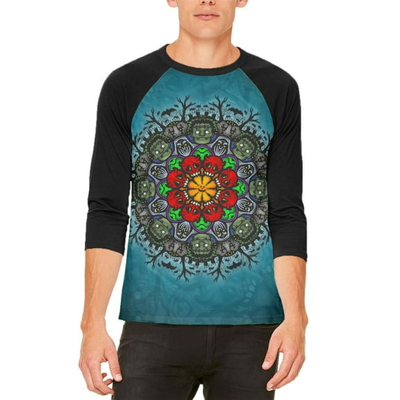 Halloween Classic Movie Monster Mandala Mens Raglan T Shirt White-Black SM