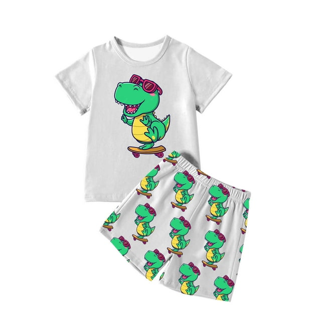 MIASHUI Ensembles et Ensembles pour Garçons Imprimé Dinosaure T-Shirt à Manches Courtes Col Ras du Cou et Ensemble de Shorts pour Tenue Décontractée Âges 4-12 pour Activités Quotidiennes et de Plein Air