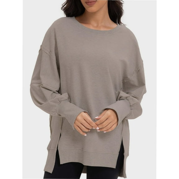 Women Oversized Sweatshirts Crewneck Side Slit Pullover Long Sleeve Casual Tops