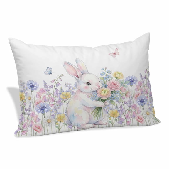 Easter Bunnies Pillow Covers 12"x20", Spring Cute Rabbits Floral Watercolor Soft Brushed Microfiber Breathable Throw Pillow Covers, Decorative Pillowcase with Zipper for Couch Sofa Bedroom