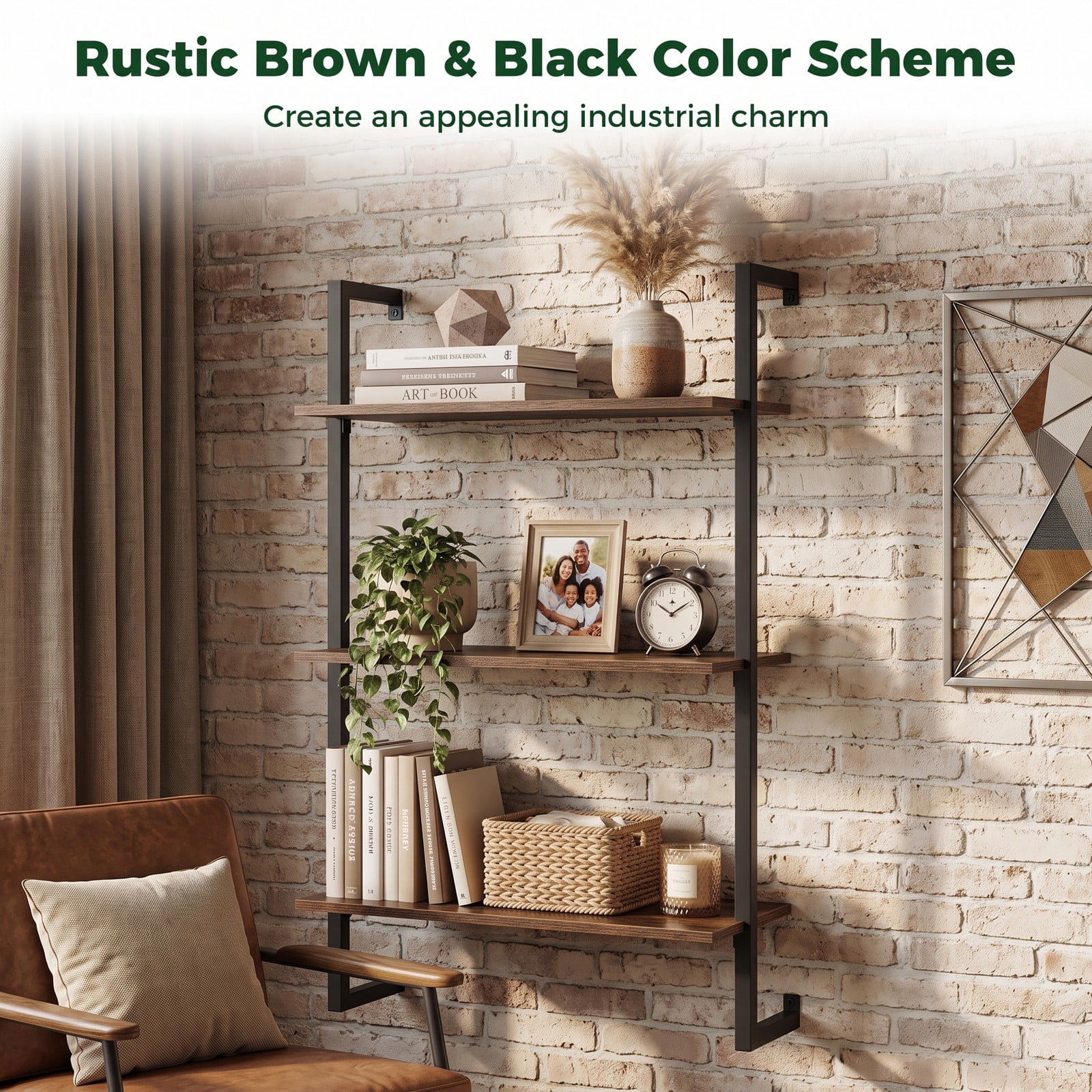 Furnibear 3-Tier Floating Wall Shelf, Modern Wood Bookcase Wall-Mounted Storage Rack for Living Room Bedroom Kitchen Home Office Bathroom, Rustic Brown and Black