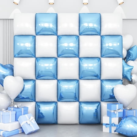 Blue White Square Foil Balloon Wall 25Pcs Double Sided Foil Balloons Backdrop Helium Polyester Tunnel Arch Garland Kit for Birthday Bridal Anniversary Baby Shower Party Decorations