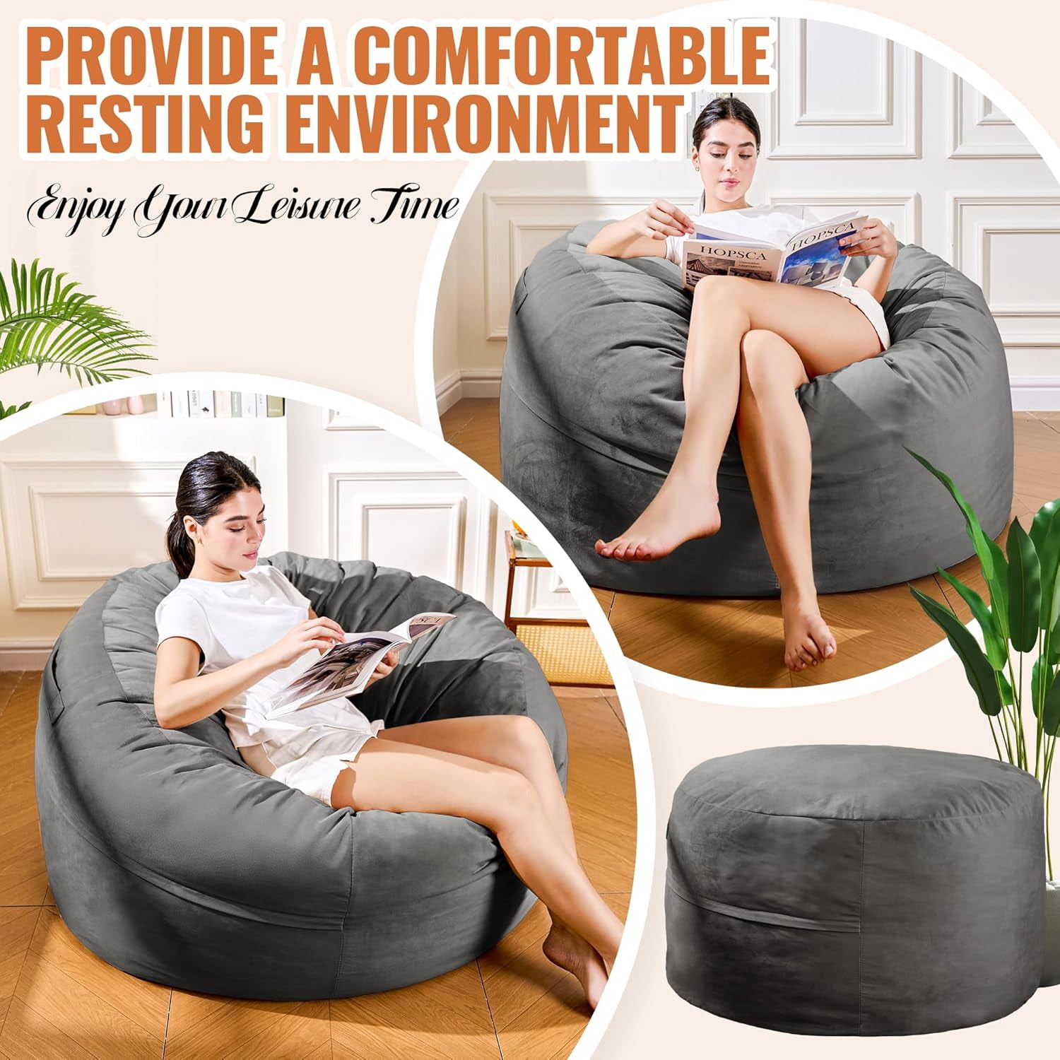 Baxluxe 4FT Bean Bag Chair: Bean Bag with Velvet Cover, Fluffy and Comfy Bean Bag Chairs for Adults and Kids, Bean Bag Sofa Filled with High-Density Sponge for Gaming (Grey)