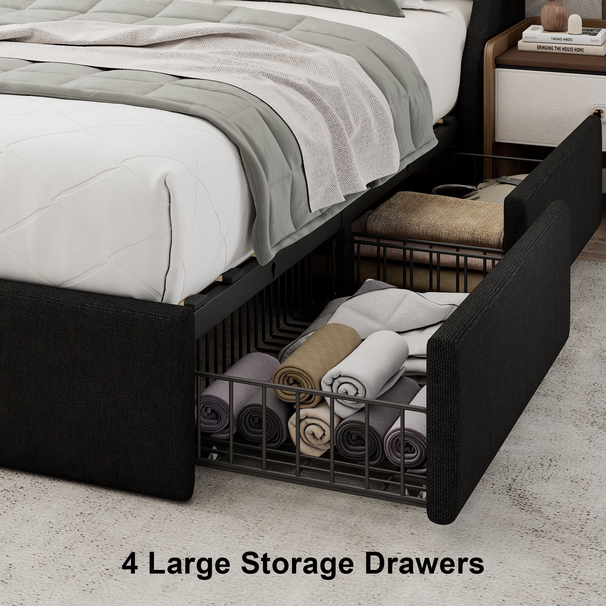 Honfach King Bed Frame with 4 Storage Drawers, Upholstered Platform Bed Frame with Type-C & USB Ports, Wingback Storage Headboard,Black