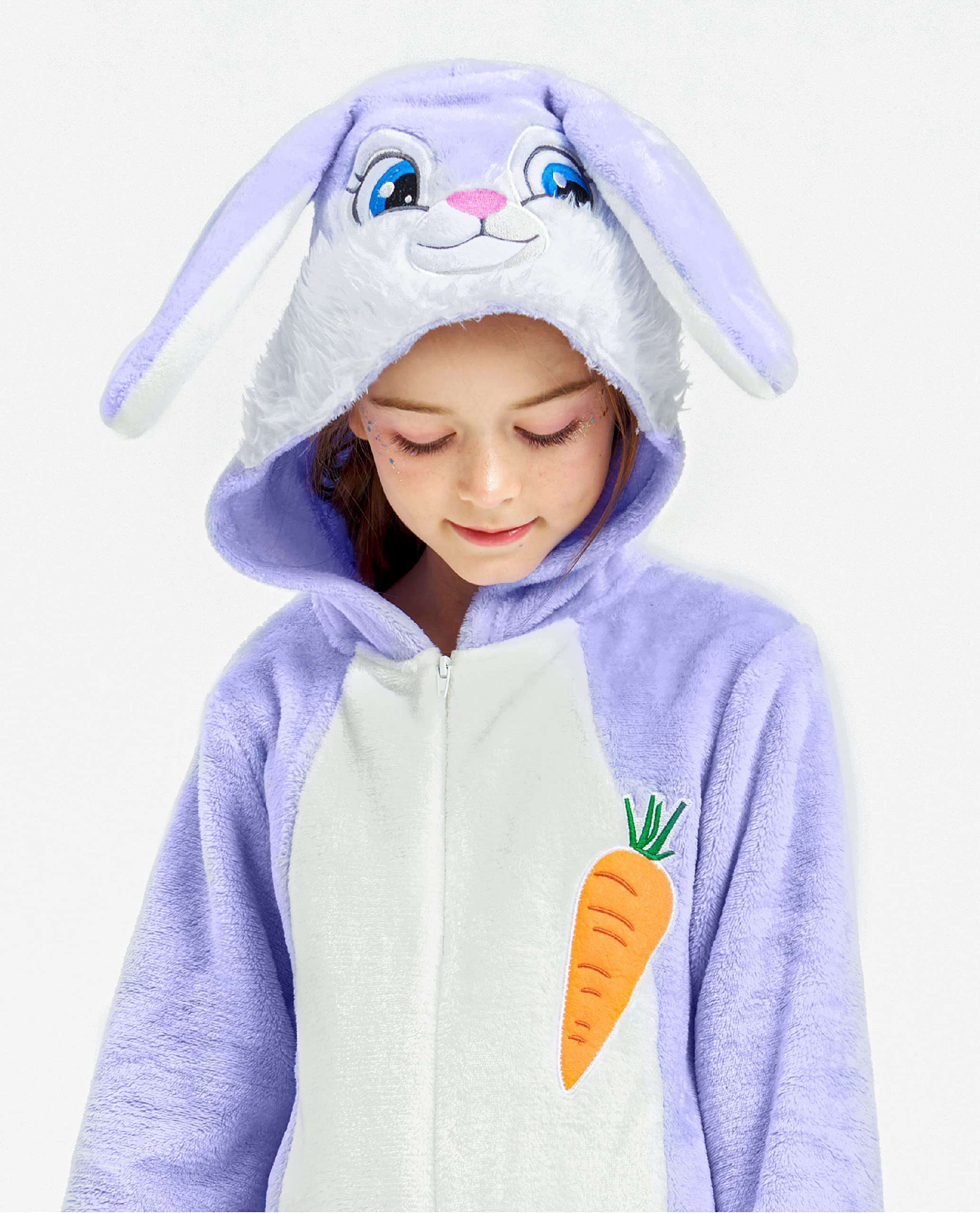 Easter Bunny Costume Purple Onesie Jumpsuit for Children Girls, Hooded Animal Romper Flannel Pajamas 3-12Years