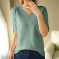 thumbnail image 2 of Green Blouses for Women Business Casual, Elbow-Length Womens Tops Casual, Cotton Summer Shirts for Women 2024, Women's Fashion Sweater V Neck Half Sleeve Loose Base T Shirt Top, 2 of 9