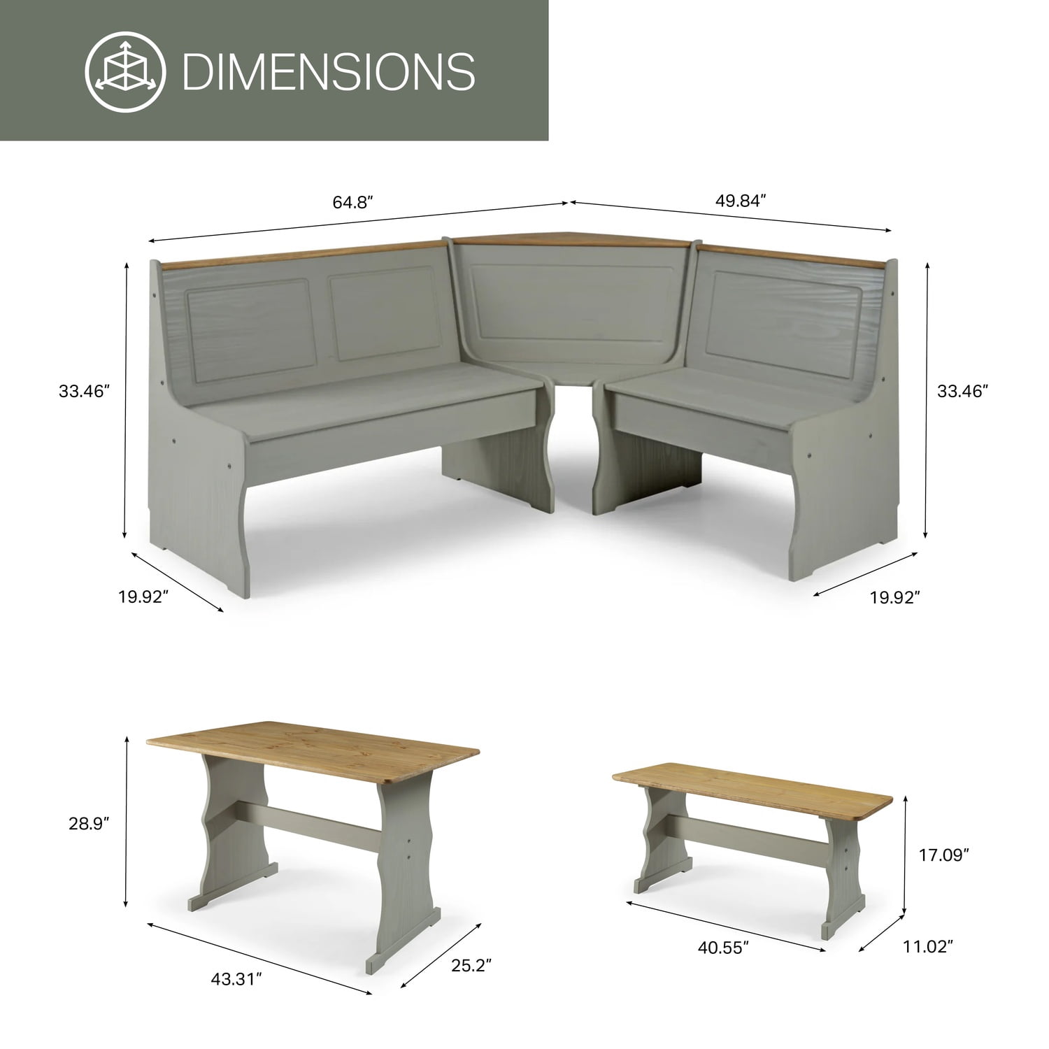 OS Home and Office Furniture Solid Pine Corner Dining Booth in Gray