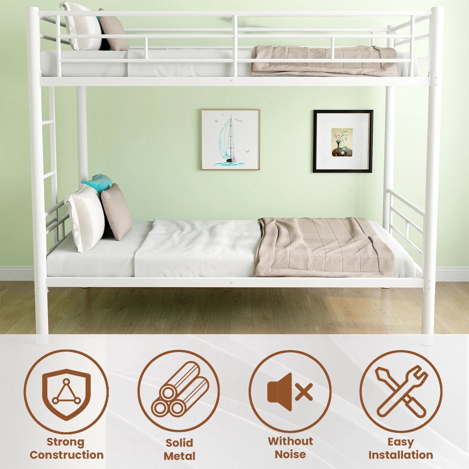 Alvantor Twin over Twin Bunk Beds for Kids Teens, Convertible 2 Beds, Easy Assembly, Load-Bearing 350lb White