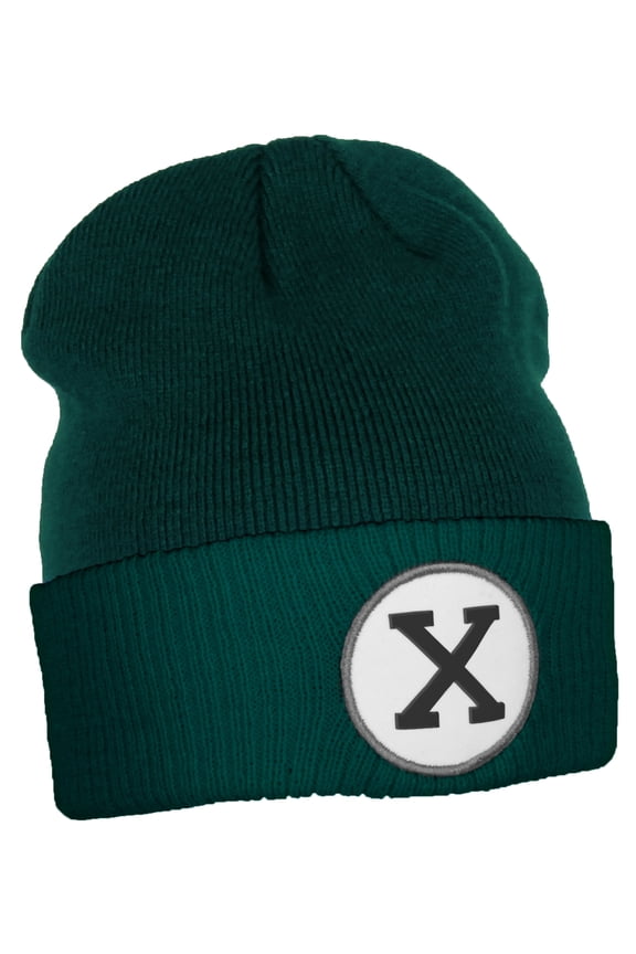 Custom A to Z Initial Letters Cuff Hat Beanie Warm Knit Skull Cap, DkGreen Letter X