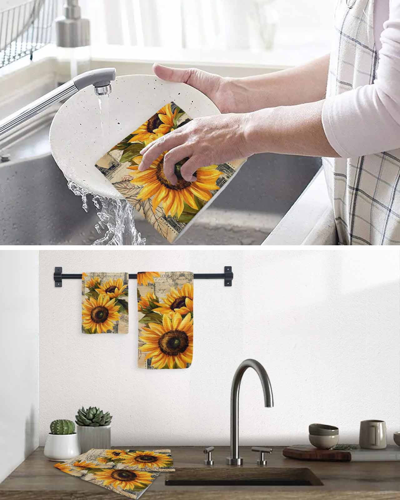 Yellow Sunflower Hand Towels Set, Waffle Weave Kitchen Towels 2 Pieces, Watercolor Retro Floral Plant Leaf Microfiber Hair Face Bath Tea Towel Absorbent Quick Drying Cleaning Dish Cloths 15.7"x23.6"