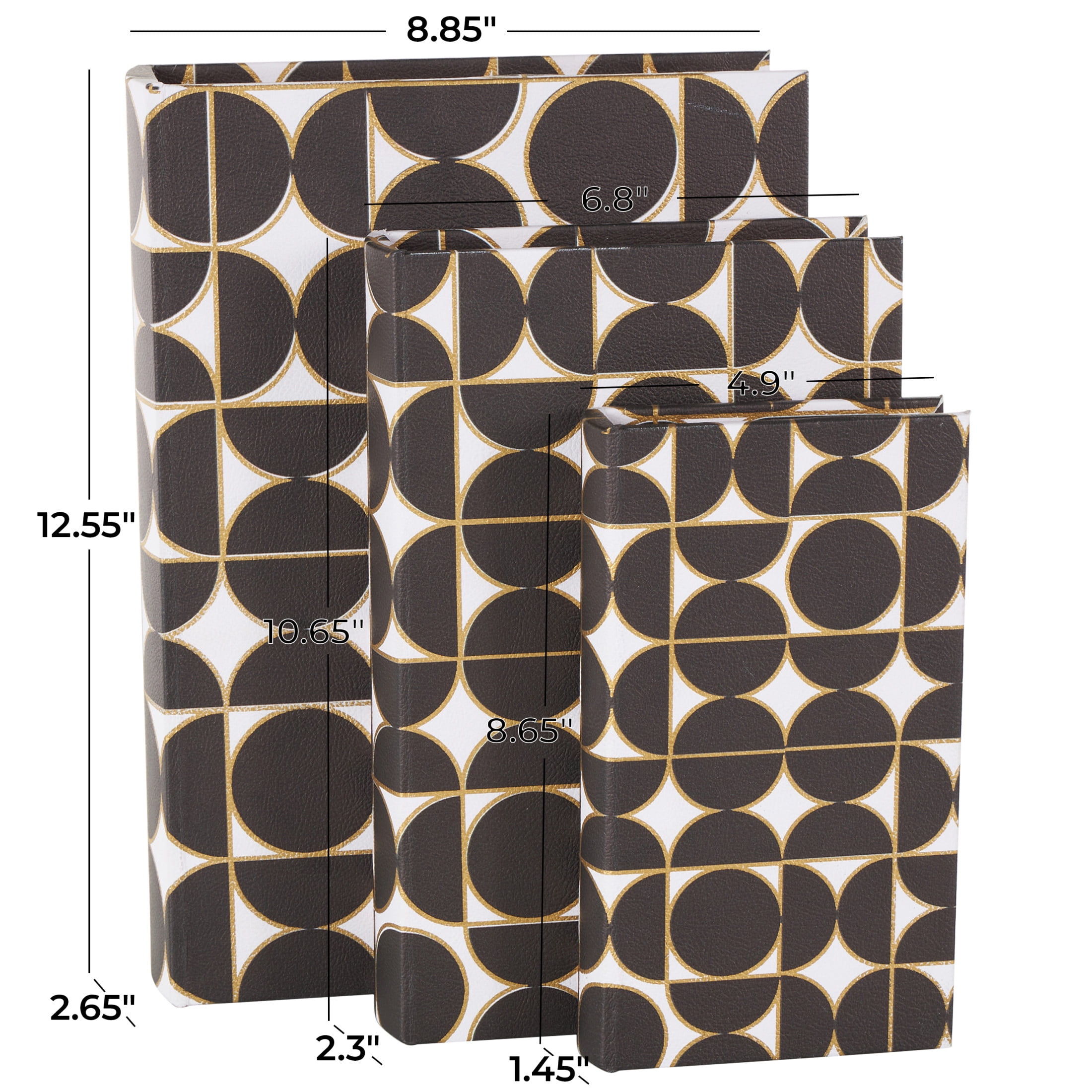 DecMode Faux Book Storage Black Faux Leather Decorative Box with Circle and Semi-Circle Pattern, 3 Count