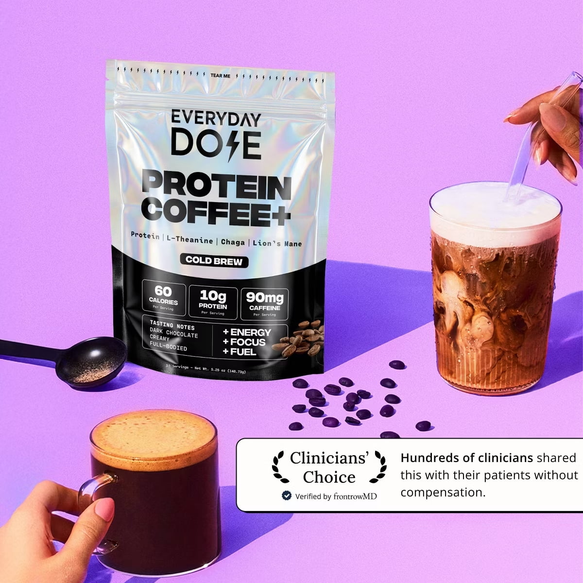 Everyday Dose Medium Roast Instant Coffee, Cold Brew Mushroom Protein Coffee Blend with Chaga, 5.25 oz