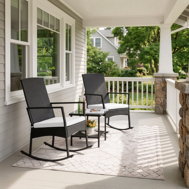 Devoko 3 Pieces Patio Rattan Rocking Chair Set with Cushion and Table Outdoor Porch and Garden Furniture, Beige
