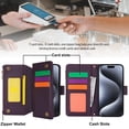 thumbnail image 3 of Allytechgroup Wallet Case for Apple iPhone 15 Pro Max,  Retro [1 Zipper Pocket + 6 Cards Slots] Hand Wrist Shoulder Strap Stand Shockproof iPhone 15 Pro Max Cover Case for Girls Women, Purple, 3 of 10