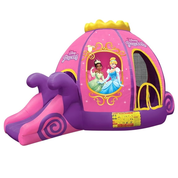 Disney Princess Carriage Inflatable Outdoor Bounce House with Slide and Ball Pit - Plus Heavy Duty Air Blower with GFCI - Kids Aged 3-8