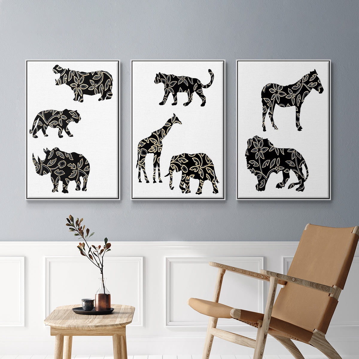 Ornamental Safari Animals I - Framed Premium Gallery Wrapped Canvas L Frame 3 Piece Set - Ready to Hang