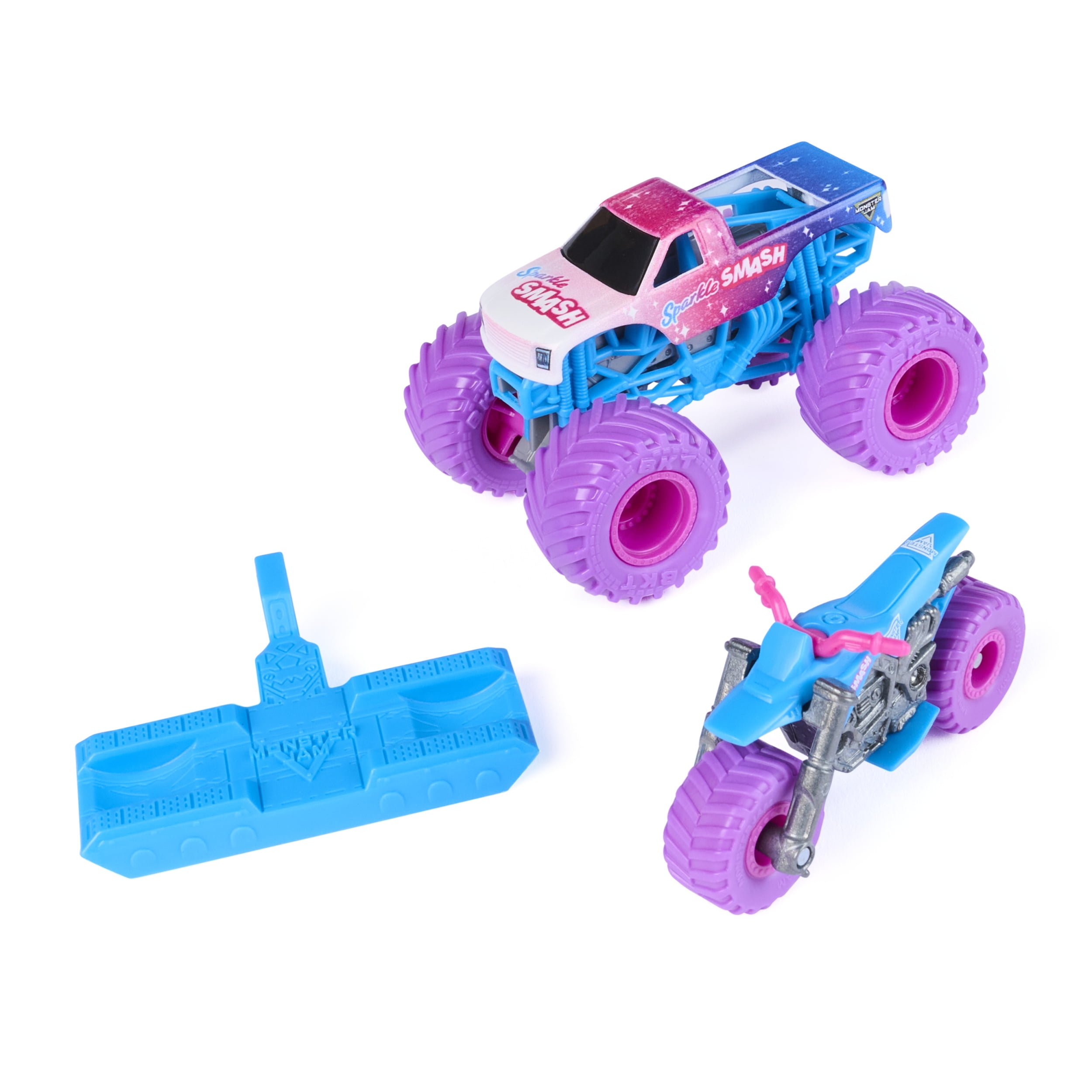 Monster Jam, Monster truck et moto tout-terrain Sparkle Smash officiels, coffret de 2 véhicules avec accessoire, échelle 1:64, jouets pour garçons et filles, à partir de 3 ans