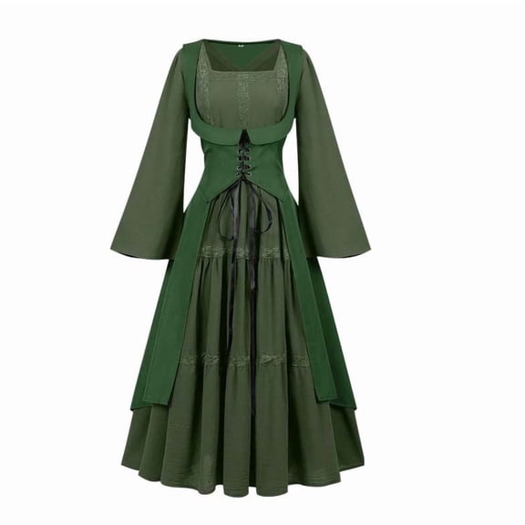 Ladies Wedding Guest Dress Halloween Renaissance Costume Women, Renaissance Corset Dress Set, Long Sleeve Medieval Cosplay Maxi Dresses Green L