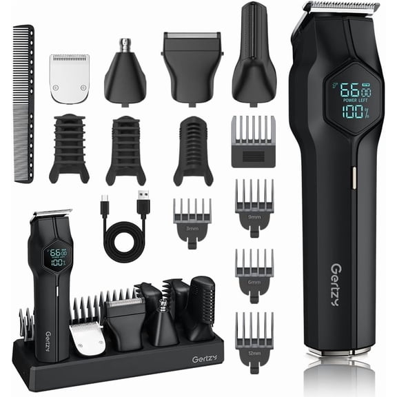 GERTZY Hair Clipper for Men, All in One Grooming Kit IPX7 Waterproof, Electric Beard Trimmer, USB Rechargeable Body Mustache Nose Ear Facial Cutting Groomer for Wet/Dry, LED Display, Black