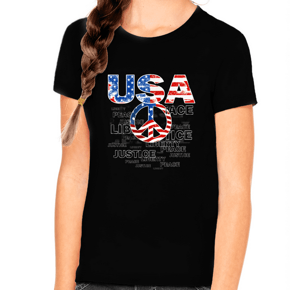 4th of July Shirts for Girls USA Shirt Patriotic Shirts for Girls Peace Sign US Flag American Flag Shirt
