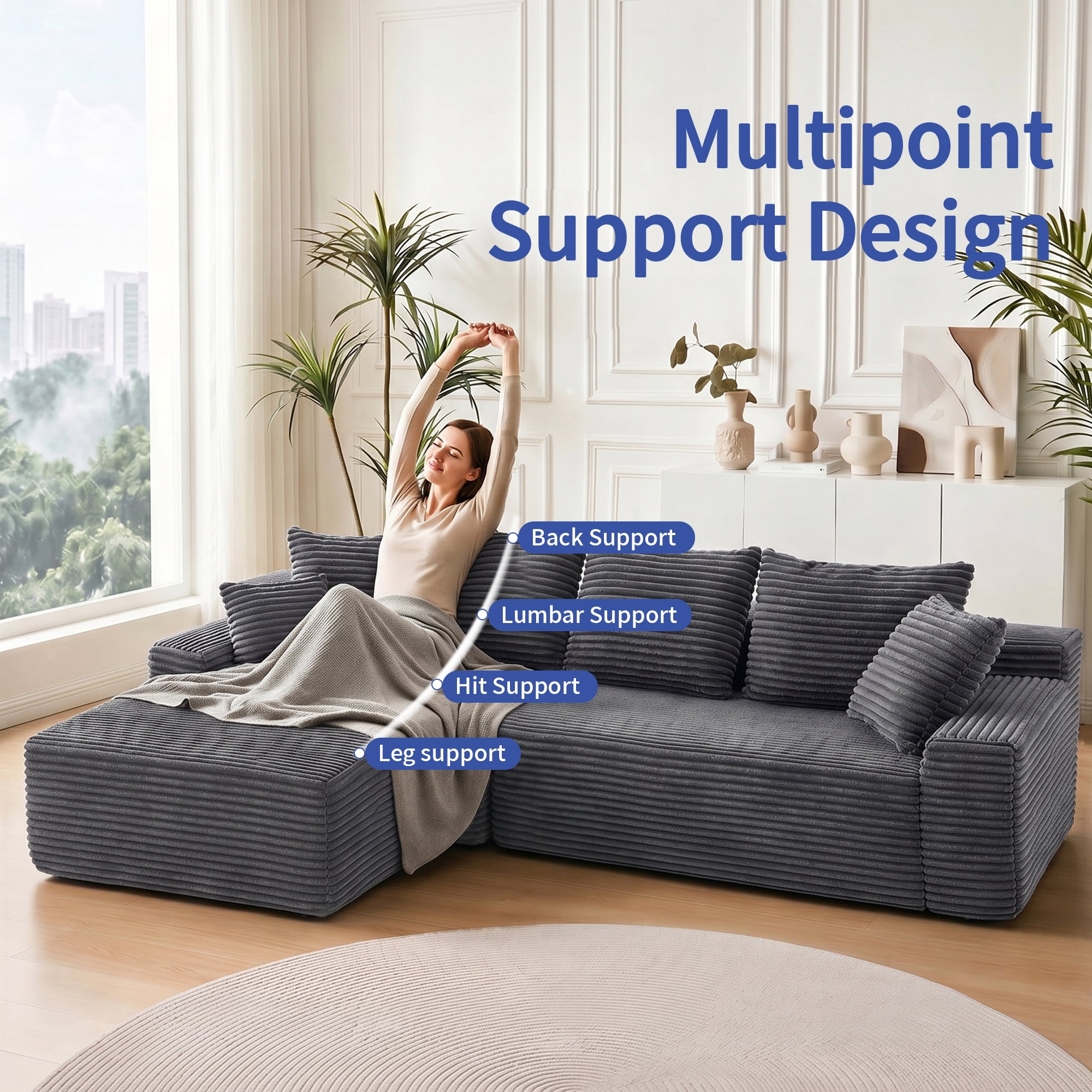 Leumius 95" Boneless Modular Sectional Sofa with Chaise,L-Shaped Comfy Corduroy Couch with Deep Seat,Upholstered Sectional Couch for Living Room, No Assembly,Gray