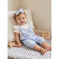thumbnail image 4 of BemeyourBBs Infant Baby Girl Summer Clothes Floral Patchwork Romper Ruffle Short Sleeve Daisy Print Fake Two-piece Front Bow Jumpsuit with Headband, 4 of 9