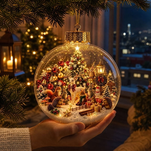 Glowing Christmas Story Ornament 3.15in, Light-Up Mini Holiday Scene with Warm LED Light, Festive Keepsake Gift for Home Christmas Party Decoration (Forest Animals)