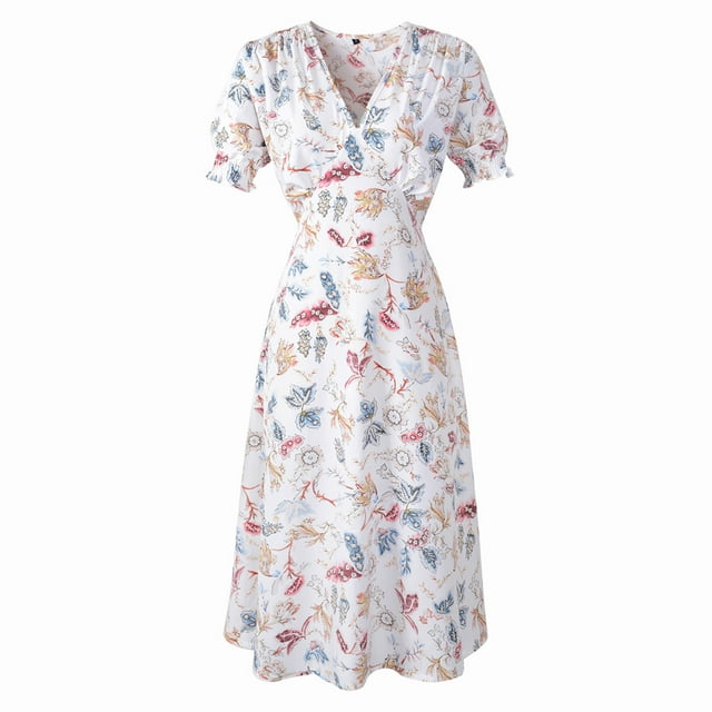 Fridja Robe de Vacances à Col en V pour Femmes, Manches Courtes, Robe de Plage pour Fête