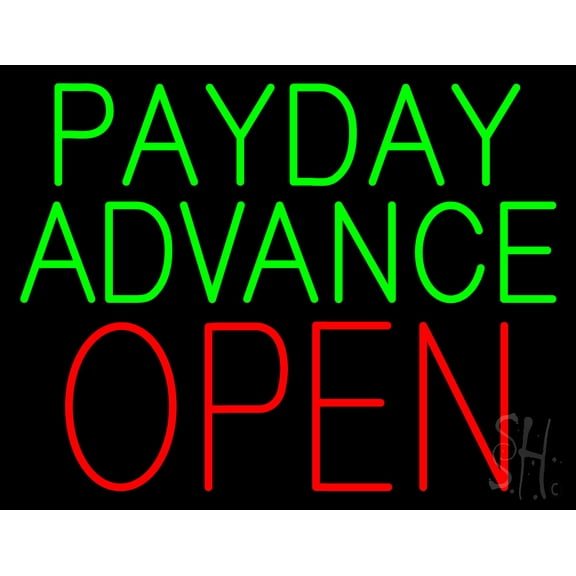 Green Payday Advance Block Open LED Neon Sign 24 x 31 - inches, Black Square Cut Acrylic Backing, with Dimmer - Bright and Premium built indoor LED Neon Sign for Pawn Wall decor decor, and storefront.