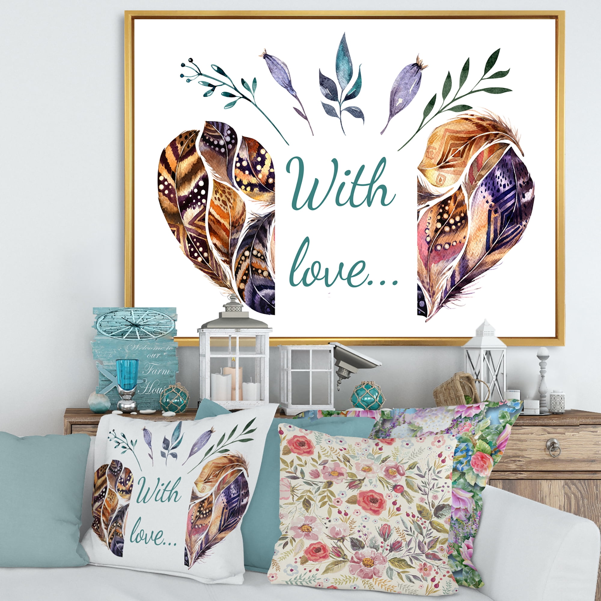 Designart 'Hearted Shaped Feathers With Love' Traditional Framed Canvas Wall Art Print